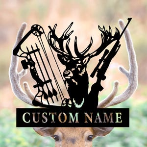 Custom Deer Hunting Metal Sign,Personalized Bow and Hunting Rifle Metal Wall Hanging,Deer Hunter Sign, Hoom Decor, Hunter&#39;s Gift,8-24 inch