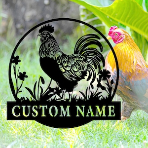 Letrero de metal personalizado con gallo y flor, letrero de metal personalizado con diseño de granja de pollos, arte de pared de metal con diseño de gallinero, letrero de gallinero, regalo de granjero, de 8 a 24 pulgadas