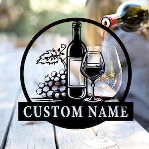 Personalized Wine Bottles And Glasses Name Sign,Custom Wine Bar Metal Wall Art,Pub Sign,Wine Shop Patio Decoration, Bartender Gift,8-24 Inch