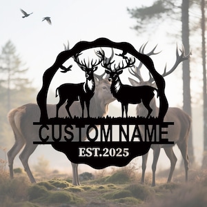 Personalized Oval Deer Metal Cabin Sign | Outdoor Hunting | Deer Hunter Gift | Custom Family Name Sign | Last Name Deer Monogram Cabin Decor