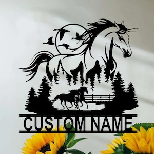 Personalized Running Horses With Pine Trees Metal Name Sign,Farmhouse Wall Art,Barn Decor,Horse Ranch Decor,Gift for Horse Lovers,8-24 inch