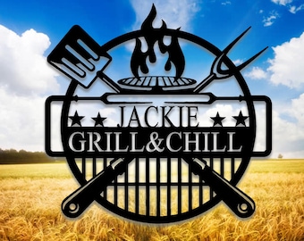 Custom BBQ Grill Metal Sign, Personalized BBQ Metal Wall Art, Grill Schild Decor,Grill Chill Decor, Smoker and Grilling Gift, 8-24 inch