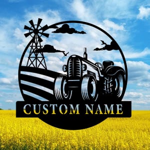 Personalized Tractor With Windmill And Clouds Metal Sign,Custom Tractor Name Sign,Farmhouse Decor,Barn Sign,Gift for Farmers,8-24 Inch