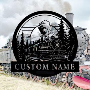 Decorazione murale in metallo personalizzata con treno, cartello in metallo personalizzato con treno nella foresta, cartello ferroviario, decorazione per interni, regalo per la festa del papà, 8-24 pollici