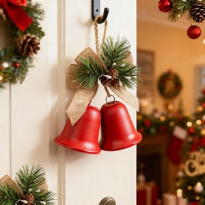 Campanelle di Natale vintage con campana aperta, campanelle per albero di Natale in ferro battuto dipinto, corda di canapa, decorazioni con bacche e rami di pino, campana di Natale