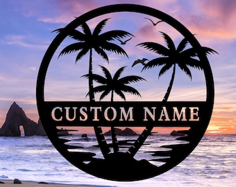 Custom Beach Palm Tree Sign,Palm Tree Decor,Personalized Beach House Sign,Palm Tree Wall Art,Backyard Pool Sign,8-24 inch