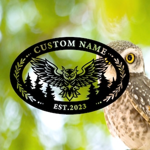 Benutzerdefinierte fliegende Eule mit Kiefern Metallschild, personalisierte Eulen-Metallwandkunst, Dekor im Freien, Hofdekor, Eulendekor, Vogelliebhabergeschenk, 8-24 Zoll