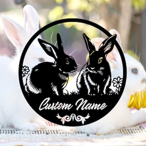 CustomTwo Rabbit Metal Wall Art,Personalized Two Rabbit Metal Name Sign,Bunny Wall Decor,Yard Decor, Farmhouse Decor,Bunny Gift,8-24 Inch