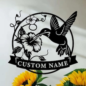 Custom  Hummingbird Flower Garden Metal Decor,Personalized  Hummingbird Name Sign,Yard Metal Wall Art, Garden Decor,Gardeners Gift,8-24 Inch