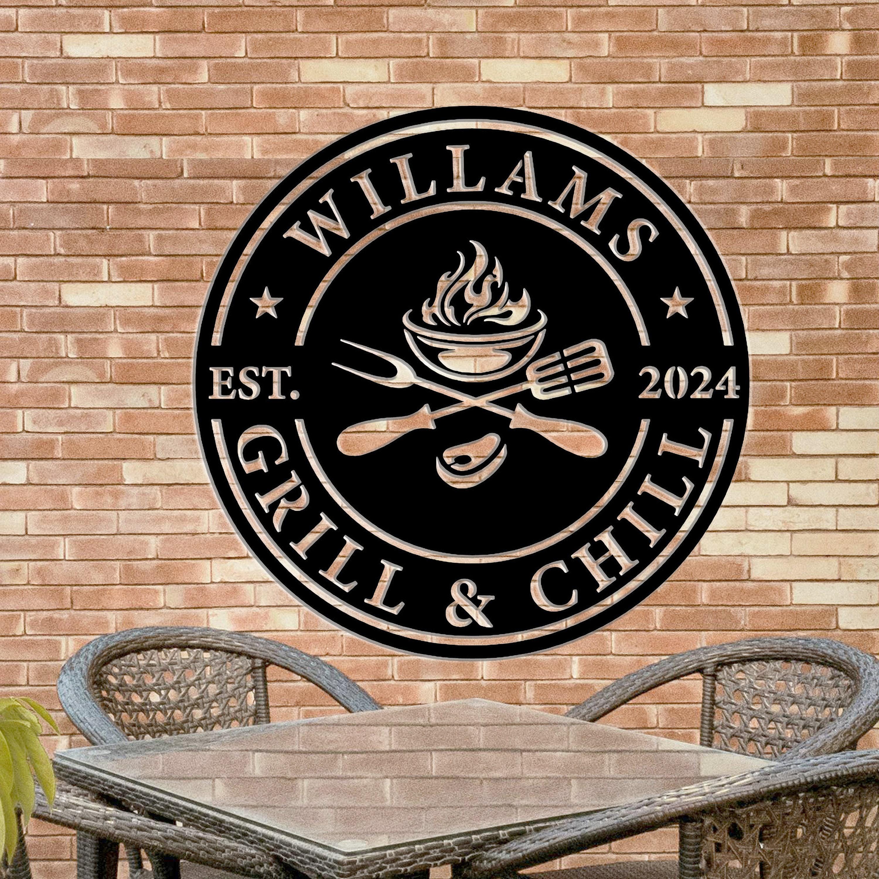 Custom BBQ Grill Metal Wall Art, Grill Schild Decor, BBQ Metal Sign, Grill Chill Decor, Father's BBQ, Smoker and Grilling Gift, 8-24 inch