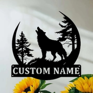 Personalized Howling Wolf Tree Name Metal Sign,Custom Howl Wolf Metal Wall Decor,Animal Office Decor,Cabin Decor,Wolf Lover Gift,8-24 inch