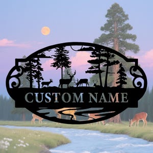 Personalized Oval Deer Metal Cabin Sign | Outdoor Hunting | Deer Hunter Gift | Custom Family Name Sign | Last Name Deer Monogram Cabin Decor