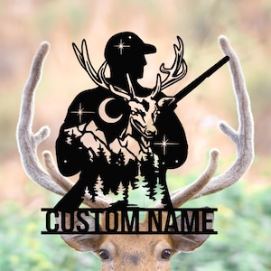 Benutzerdefinierte Jäger und Hirsch Metallschild, personalisierte Hirsch jagen Metallwandkunst, Hüttenschild, Wohnkultur, Vatertagsgeschenk, Jägergeschenk, 8-24 Zoll