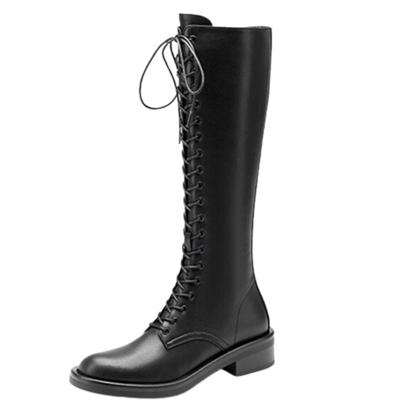 Flat Knee high Boots With Lace up Design in Black Leather Etsy