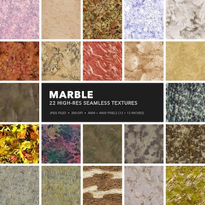 Peut inclure: Une grille de 20 textures de marbre haute résolution, aux couleurs et motifs variés. L'image comprend un rectangle noir avec le mot "MARBRE" et le texte "22 TEXTURES HAUTE RÉSOLUTION SANS COUTURE". L'image comprend également le texte "FICHIERS JPEG • 300 DPI • 4000 x 4000 PIXELS (33 x 33 cm)".