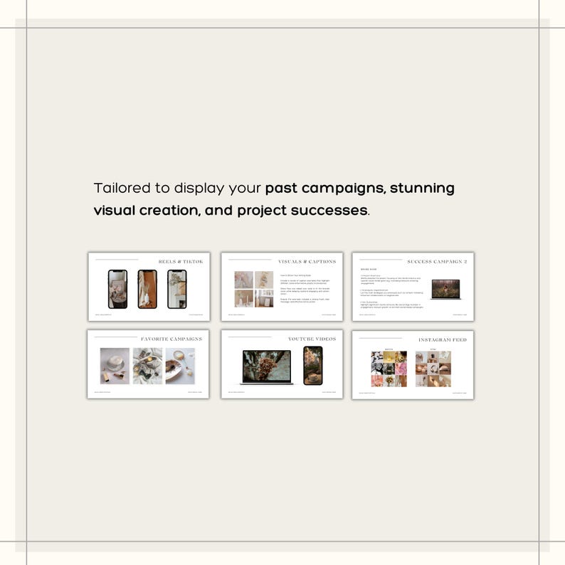 Puede incluir: Un dise&ntilde;o de presentaci&oacute;n con seis secciones, cada una mostrando diferentes tipos de contenido. Las secciones incluyen "Reels & TikTok", "Visuales y Leyendas", "Campa&ntilde;as de &Eacute;xito", "Campa&ntilde;as Favoritas", "Videos de YouTube" y "Feed de Instagram". El texto "Dise&ntilde;ado para mostrar tus campa&ntilde;as pasadas, una creaci&oacute;n visual impresionante y &eacute;xitos de proyectos" est&aacute; en la parte superior.