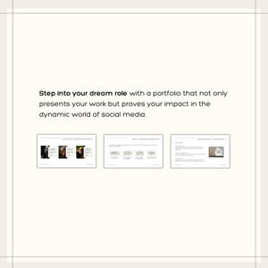 Puede incluir: Gr&aacute;fico beige claro con el texto "Entra en el trabajo de tus sue&ntilde;os con una cartera que no solo presenta tu trabajo, sino que tambi&eacute;n demuestra tu impacto en el din&aacute;mico mundo de las redes sociales". Debajo, tres diapositivas.