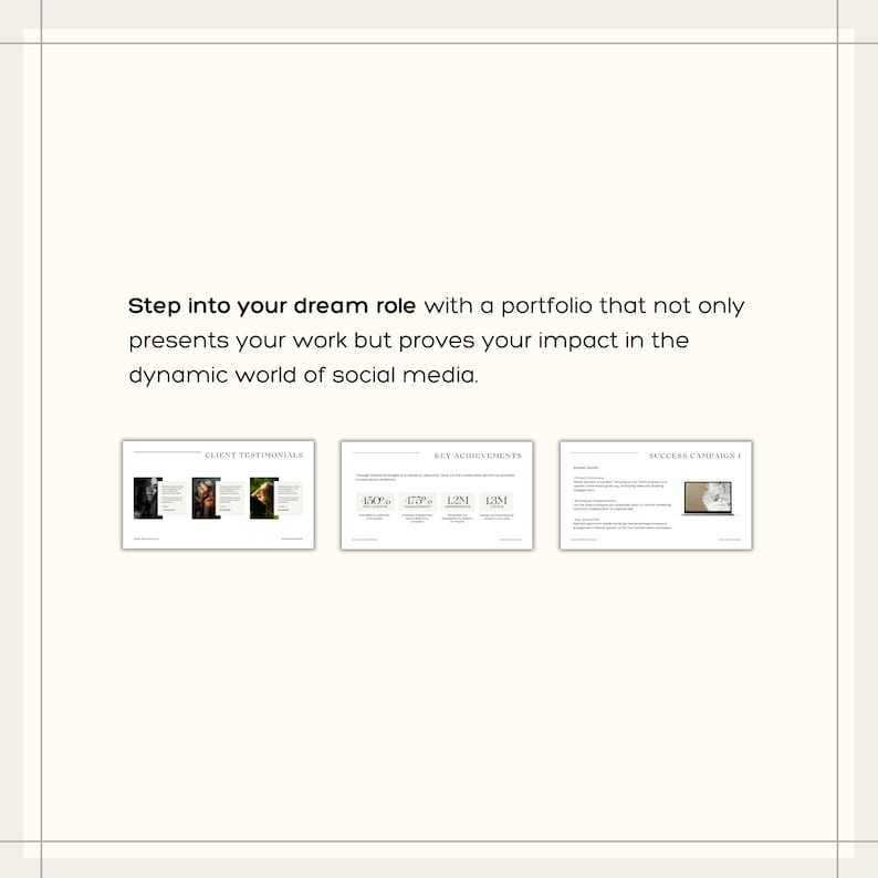 Puede incluir: Gr&aacute;fico beige claro con el texto "Entra en el trabajo de tus sue&ntilde;os con una cartera que no solo presenta tu trabajo, sino que tambi&eacute;n demuestra tu impacto en el din&aacute;mico mundo de las redes sociales". Debajo, tres diapositivas.