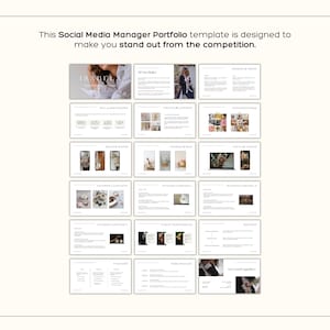 Puede incluir: Una plantilla de portafolio blanca para un administrador de redes sociales, con el texto "Esta plantilla de portafolio de administrador de redes sociales est&aacute; dise&ntilde;ada para que destaques de la competencia". La plantilla incluye varias diapositivas con im&aacute;genes y texto.