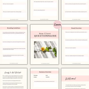 May include: A pink and white Canva template titled "New Client Questionnaire" with a yellow flower and green leaves. The template includes sections for branding guidelines, brand overview, and business overview.