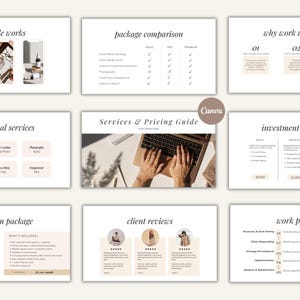 Puede incluir: Una guía de servicios y precios de marketing digital con un logotipo de Canva. La guía incluye comparaciones de paquetes, reseñas de clientes y detalles de inversión. La imagen presenta una computadora portátil con manos escribiendo y otras diapositivas con texto y gráficos.