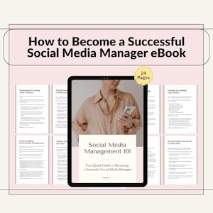 Può includere: Un tablet digitale che mostra un ebook di 24 pagine intitolato "Social Media Management 101: La tua guida rapida per diventare un social media manager di successo". La copertina dell'ebook presenta una donna che tiene uno smartphone e il testo "Social Media Management 101" in grandi caratteri grassetto.