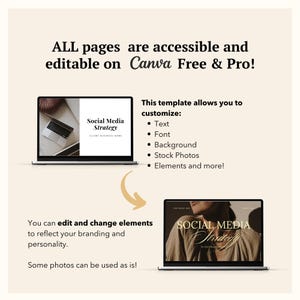 May include: Two laptop screens showing a social media strategy template. The template is customizable with text, font, background, stock photos, and elements. The text on the screen says "Social Media Strategy".