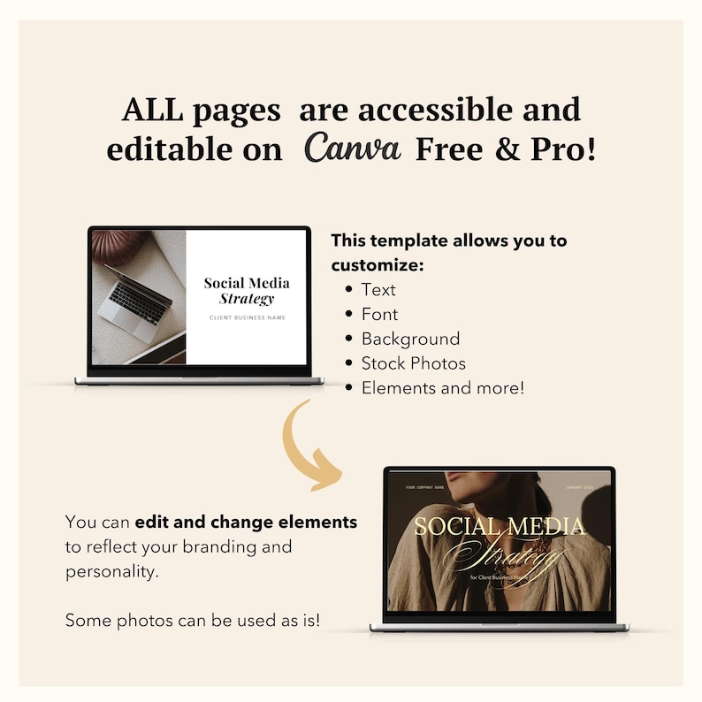 May include: Two laptop screens showing a social media strategy template. The template is customizable with text, font, background, stock photos, and elements. The text on the screen says "Social Media Strategy".