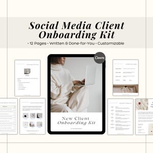 May include: A digital tablet displaying a mockup of a new client onboarding kit for social media clients. The kit includes 12 pages of written content and is customizable. The text on the tablet reads "New Client Onboarding Kit".