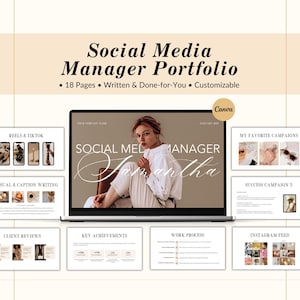 May include: A laptop computer screen displaying a social media manager portfolio with the title "Social Media Manager Samantha". The portfolio includes sections for reels and TikTok, visual and caption writing, client reviews, key achievements, work process, and Instagram feed. The portfolio is designed in a minimalist style with a beige and brown color scheme.