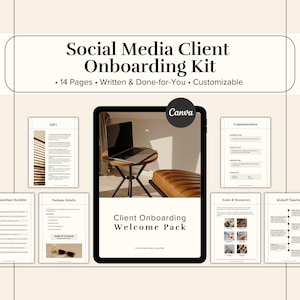 Op de afbeelding: Een digitale onboardingkit voor social media-klanten. De kit bevat 14 pagina's met aanpasbare inhoud, waaronder een welkomstpakket, communicatierichtlijnen, tools en resources, en een kick-off tijdlijn. De kit is ontworpen om bedrijven te helpen nieuwe klanten soepel en efficiënt te onboarden.