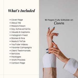 Puede incluir: Gr&aacute;fico promocional con el texto "Qu&eacute; est&aacute; incluido" y una lista de funciones. La imagen tambi&eacute;n muestra un par de manos con esmalte de u&ntilde;as azul oscuro y anillos dorados, con el texto "18 p&aacute;ginas totalmente editables en Canva".