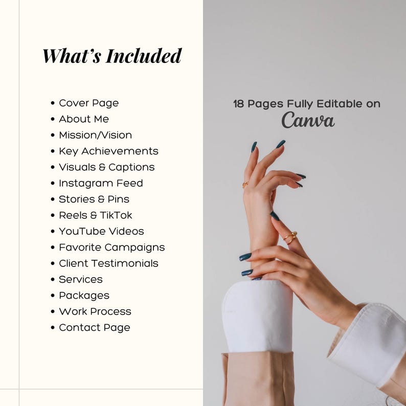 Puede incluir: Gr&aacute;fico promocional con el texto "Qu&eacute; est&aacute; incluido" y una lista de funciones. La imagen tambi&eacute;n muestra un par de manos con esmalte de u&ntilde;as azul oscuro y anillos dorados, con el texto "18 p&aacute;ginas totalmente editables en Canva".