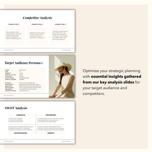 May include: A presentation slide deck with the title "Competitor Analysis" and a section titled "Target Audience Persona 1" with a table listing information about a target customer. The slide deck also includes a section titled "SWOT Analysis" with a table listing strengths, weaknesses, opportunities, and threats.