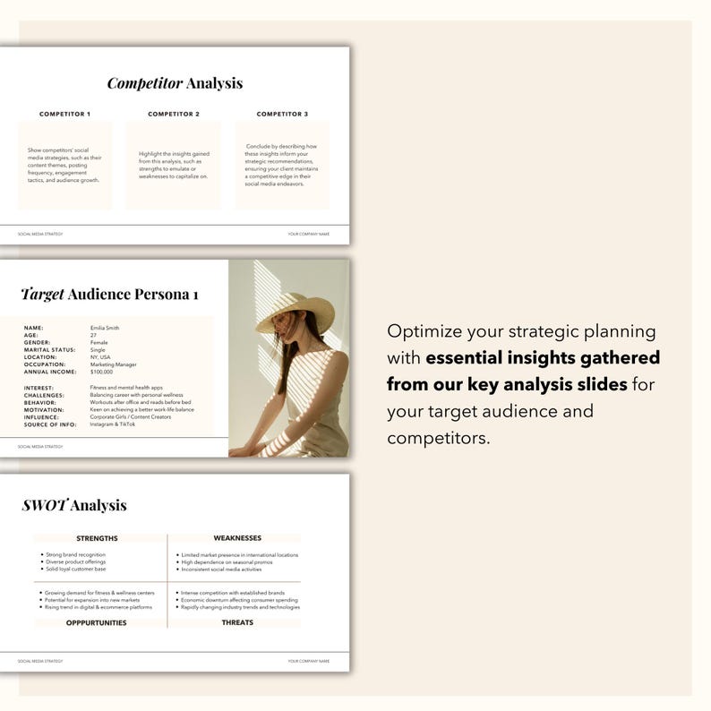 May include: A presentation slide deck with the title "Competitor Analysis" and a section titled "Target Audience Persona 1" with a table listing information about a target customer. The slide deck also includes a section titled "SWOT Analysis" with a table listing strengths, weaknesses, opportunities, and threats.