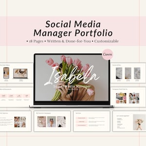 Peut inclure: Un ordinateur portable affiche un portfolio de gestionnaire de médias sociaux. Le titre est "Social Media Manager Portfolio" avec le nom "Isabela" en écriture cursive. La présentation comprend des diapositives sur les vidéos YouTube, les réalisations clés et Instagram.