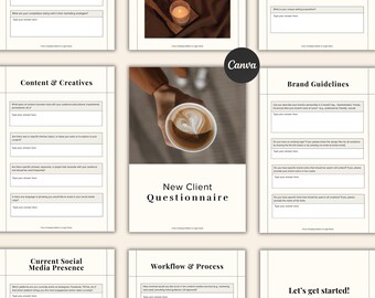Cuestionario para nuevos clientes en redes sociales: Formulario de preguntas de incorporación. Plantilla editable de Canva (descarga digital).