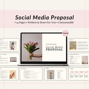 May include: A laptop screen displaying a social media proposal template with a pink floral bouquet in the background. The template includes sections for objectives, payment and billing terms, timeline, and contact information. The text on the screen reads "Social Media Proposal" and "CLIENT BUSINESS NAME".
