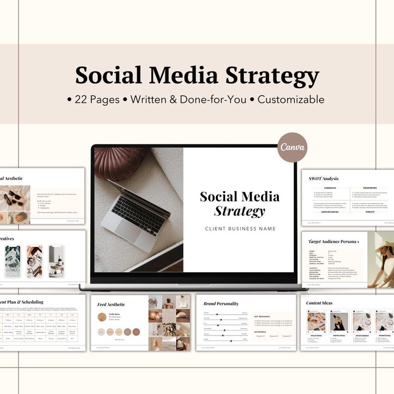 May include: A laptop computer displaying a social media strategy template on the screen. The template is designed in a minimalist style with a neutral color palette and includes sections for SWOT analysis, target audience personas, content ideas, and more. The text on the screen reads "Social Media Strategy" and "CLIENT BUSINESS NAME".