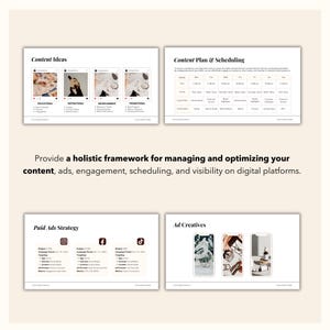 May include: A digital marketing strategy guide with four sections: Content Ideas, Content Plan & Scheduling, Paid Ads Strategy, and Ad Creatives. The guide includes a table, a calendar, and images of social media platforms.