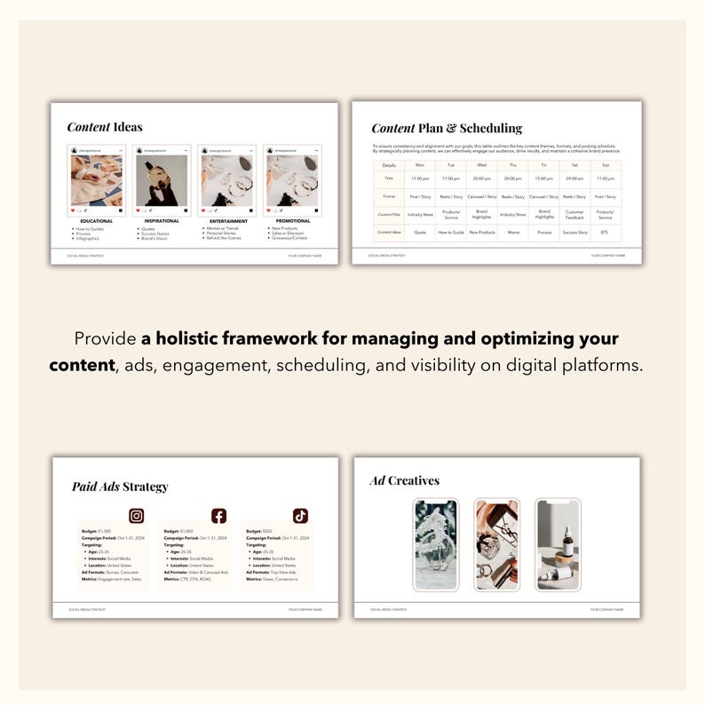 May include: A digital marketing strategy guide with four sections: Content Ideas, Content Plan & Scheduling, Paid Ads Strategy, and Ad Creatives. The guide includes a table, a calendar, and images of social media platforms.