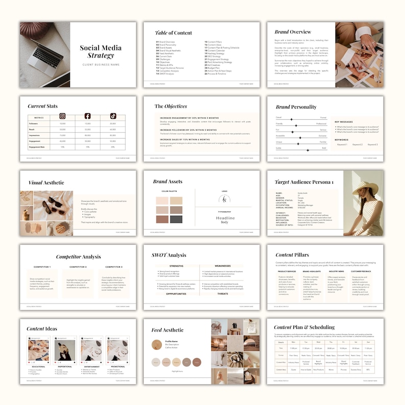 May include: A social media strategy presentation with a table of contents, brand overview, current stats, visual aesthetic, brand assets, competitor analysis, SWOT analysis, target audience persona, content pillars, content ideas, feed aesthetic, and content plan and scheduling.