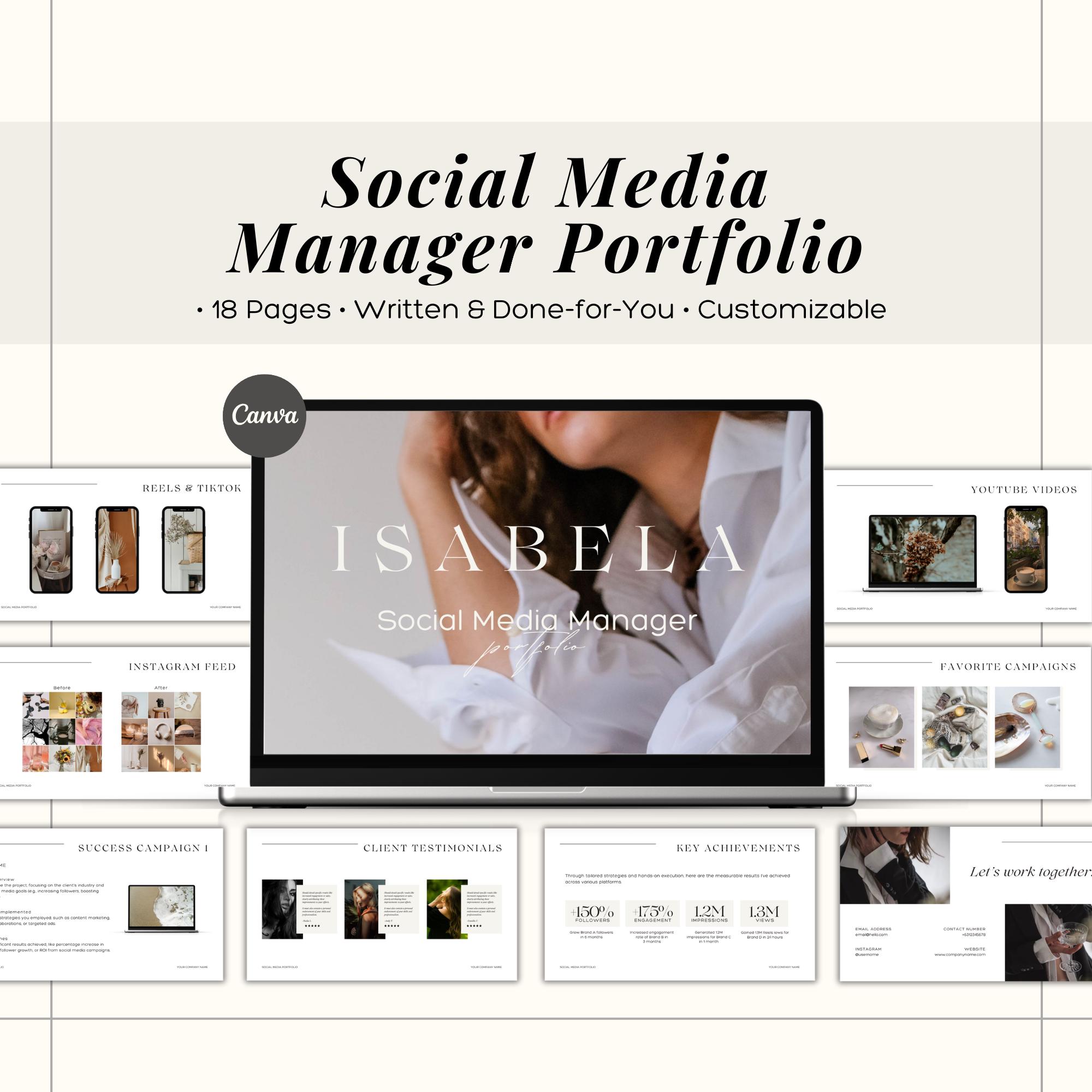 Social Media Portfolio Template, Social Media Manager Portfolio, Social Media Manager Templates, Social Media Management Digital Portfolio