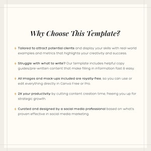 Puede incluir: Gr&aacute;fico color crema con el t&iacute;tulo "&iquest;Por qu&eacute; elegir esta plantilla?" y vi&ntilde;etas que detallan los beneficios de la plantilla, incluyendo atraer clientes, gu&iacute;as de copia &uacute;tiles, im&aacute;genes libres de derechos y mayor productividad.