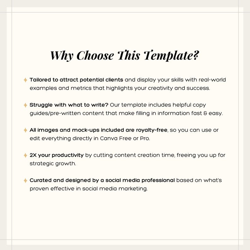 Puede incluir: Gr&aacute;fico color crema con el t&iacute;tulo "&iquest;Por qu&eacute; elegir esta plantilla?" y vi&ntilde;etas que detallan los beneficios de la plantilla, incluyendo atraer clientes, gu&iacute;as de copia &uacute;tiles, im&aacute;genes libres de derechos y mayor productividad.