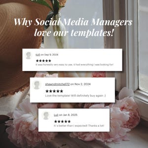 Puede incluir: Imagen con testimonios de clientes para plantillas de redes sociales. El texto dice: "&iexcl;Por qu&eacute; a los gestores de redes sociales les encantan nuestras plantillas!" con rese&ntilde;as de cinco estrellas de Kofi, shawndmitchell72 y Luli. Fondo con sombrero de paja y flores.