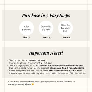 Puede incluir: Anuncio de un producto digital, que detalla el proceso de compra en tres pasos. La imagen incluye iconos circulares y texto, junto con "Notas importantes" que describen el uso y las condiciones de venta. El dise&ntilde;o es limpio e informativo.