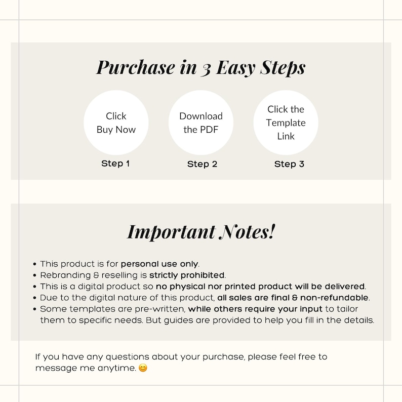 Puede incluir: Anuncio de un producto digital, que detalla el proceso de compra en tres pasos. La imagen incluye iconos circulares y texto, junto con "Notas importantes" que describen el uso y las condiciones de venta. El dise&ntilde;o es limpio e informativo.
