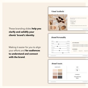 May include: Branding slides with a visual aesthetic, brand personality, and brand assets sections. The visual aesthetic section shows a collage of images with a neutral color palette. The brand personality section includes a chart with a scale of casual to formal, friendly to serious, accessible to exclusive, unique to familiar, and subtle to bold. The brand assets section includes a color palette with eight colors and a logo with the initials "IS" in a serif font. The typography section lists "Headline" and "Body".