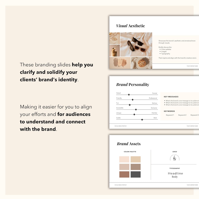 May include: Branding slides with a visual aesthetic, brand personality, and brand assets sections. The visual aesthetic section shows a collage of images with a neutral color palette. The brand personality section includes a chart with a scale of casual to formal, friendly to serious, accessible to exclusive, unique to familiar, and subtle to bold. The brand assets section includes a color palette with eight colors and a logo with the initials "IS" in a serif font. The typography section lists "Headline" and "Body".